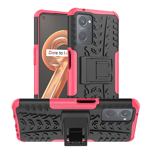 Silicone Matte Finish and Plastic Back Cover Case with Stand JX1 for Realme 9i 4G Hot Pink