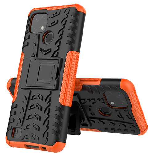 Silicone Matte Finish and Plastic Back Cover Case with Stand JX1 for Realme C20 Orange