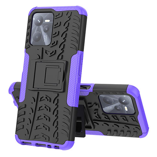 Silicone Matte Finish and Plastic Back Cover Case with Stand JX1 for Realme C35 Purple