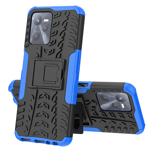 Silicone Matte Finish and Plastic Back Cover Case with Stand JX1 for Realme Narzo 50A Prime Blue