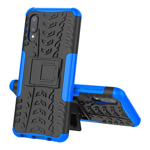 Silicone Matte Finish and Plastic Back Cover Case with Stand JX1 for Samsung Galaxy A02 Blue