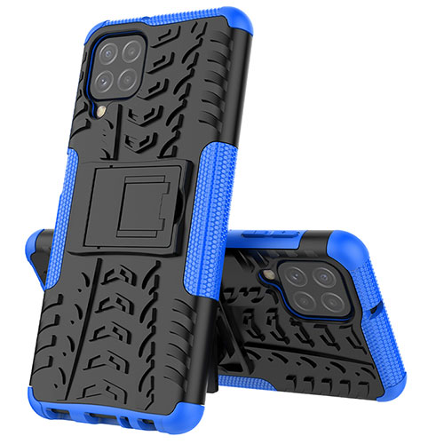 Silicone Matte Finish and Plastic Back Cover Case with Stand JX1 for Samsung Galaxy A22 4G Blue