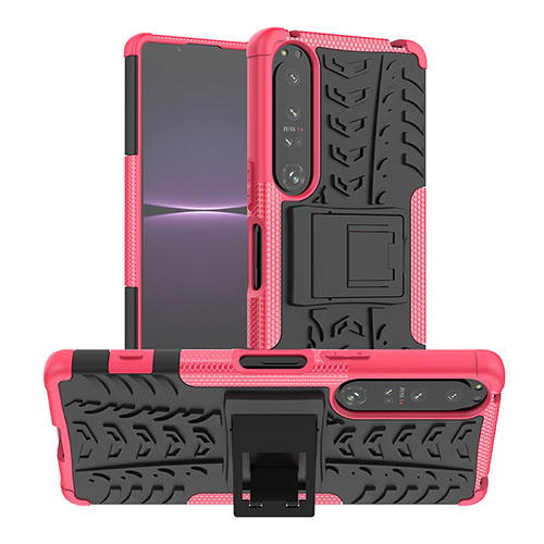 Silicone Matte Finish and Plastic Back Cover Case with Stand JX1 for Sony Xperia 1 IV Hot Pink