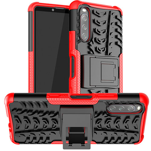 Silicone Matte Finish and Plastic Back Cover Case with Stand JX1 for Sony Xperia 10 III Lite Red