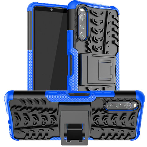 Silicone Matte Finish and Plastic Back Cover Case with Stand JX1 for Sony Xperia 10 III SO-52B Blue