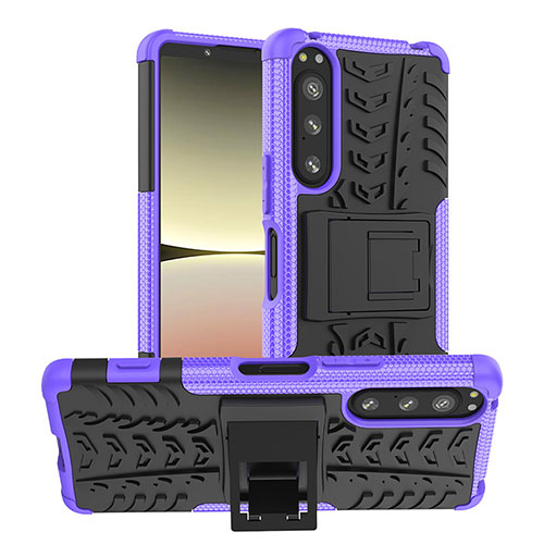 Silicone Matte Finish and Plastic Back Cover Case with Stand JX1 for Sony Xperia 5 IV Purple