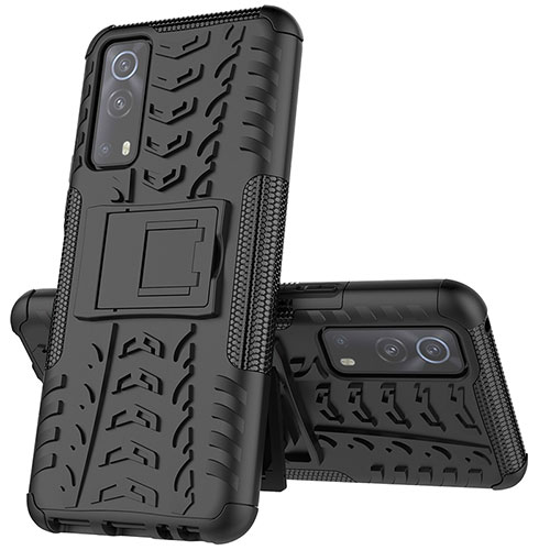 Silicone Matte Finish and Plastic Back Cover Case with Stand JX1 for Vivo iQOO Z3 5G Black