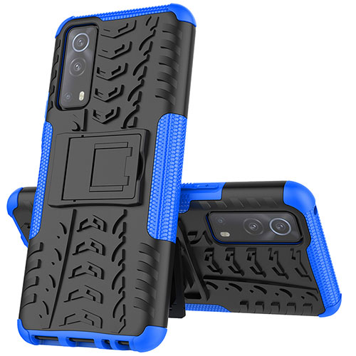 Silicone Matte Finish and Plastic Back Cover Case with Stand JX1 for Vivo iQOO Z3 5G Blue