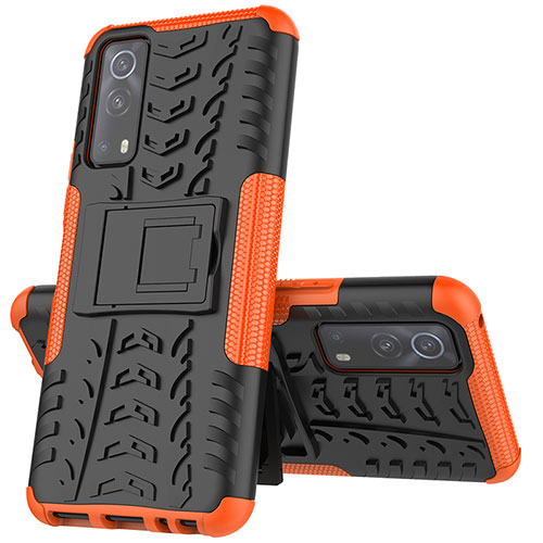 Silicone Matte Finish and Plastic Back Cover Case with Stand JX1 for Vivo iQOO Z3 5G Orange