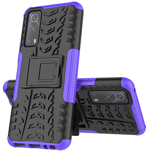 Silicone Matte Finish and Plastic Back Cover Case with Stand JX1 for Vivo iQOO Z3 5G Purple