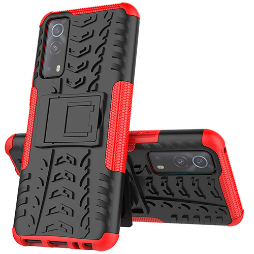 Silicone Matte Finish and Plastic Back Cover Case with Stand JX1 for Vivo iQOO Z3 5G Red