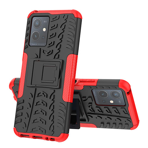 Silicone Matte Finish and Plastic Back Cover Case with Stand JX1 for Vivo iQOO Z6 5G Red