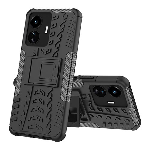 Silicone Matte Finish and Plastic Back Cover Case with Stand JX1 for Vivo iQOO Z6 Lite 5G Black