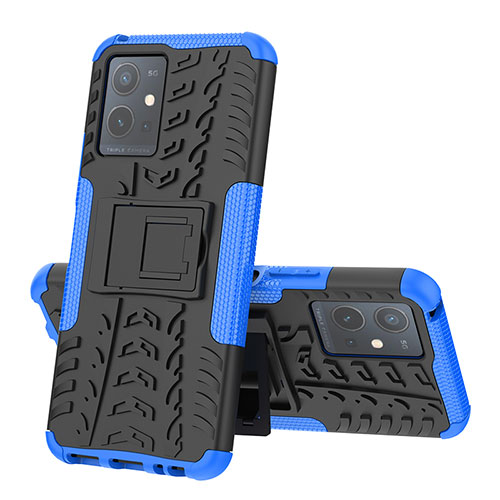 Silicone Matte Finish and Plastic Back Cover Case with Stand JX1 for Vivo T1 5G India Blue