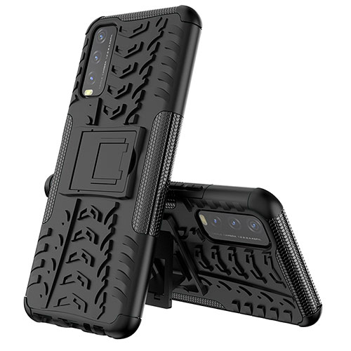 Silicone Matte Finish and Plastic Back Cover Case with Stand JX1 for Vivo Y20 (2021) Black