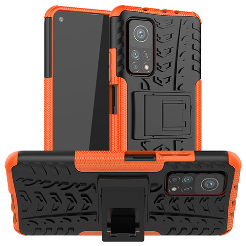 Silicone Matte Finish and Plastic Back Cover Case with Stand JX1 for Xiaomi Mi 10T 5G Orange