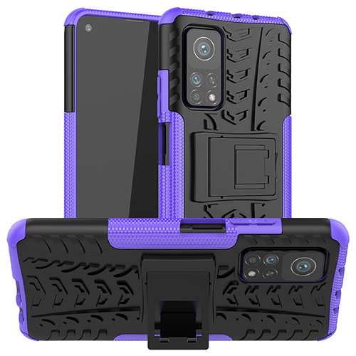 Silicone Matte Finish and Plastic Back Cover Case with Stand JX1 for Xiaomi Mi 10T Pro 5G Purple