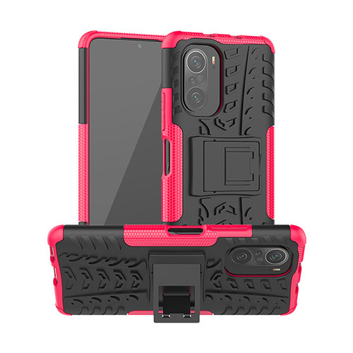 Silicone Matte Finish and Plastic Back Cover Case with Stand JX1 for Xiaomi Mi 11i 5G Hot Pink