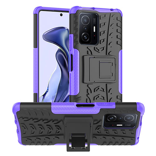 Silicone Matte Finish and Plastic Back Cover Case with Stand JX1 for Xiaomi Mi 11T 5G Purple