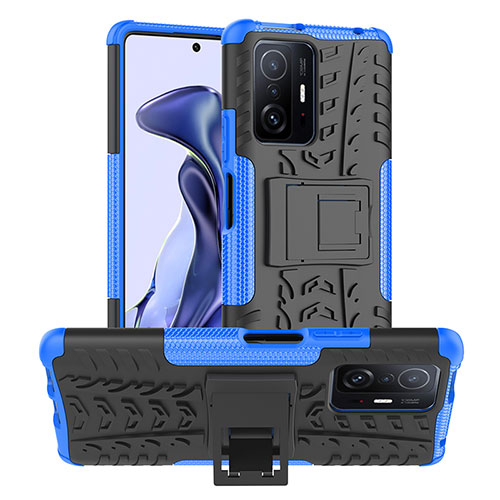 Silicone Matte Finish and Plastic Back Cover Case with Stand JX1 for Xiaomi Mi 11T Pro 5G Blue