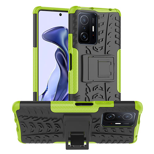 Silicone Matte Finish and Plastic Back Cover Case with Stand JX1 for Xiaomi Mi 11T Pro 5G Green