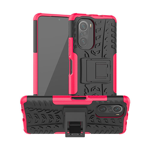 Silicone Matte Finish and Plastic Back Cover Case with Stand JX1 for Xiaomi Mi 11X Pro 5G Hot Pink