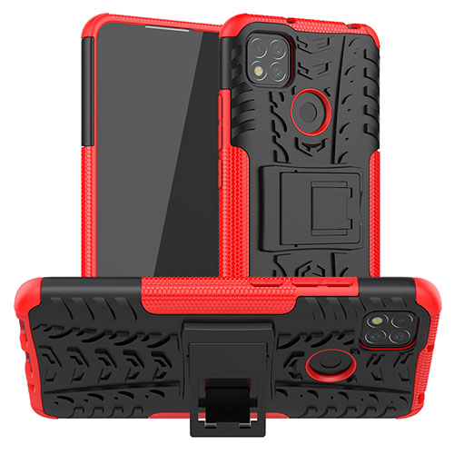 Silicone Matte Finish and Plastic Back Cover Case with Stand JX1 for Xiaomi POCO C3 Red