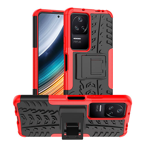 Silicone Matte Finish and Plastic Back Cover Case with Stand JX1 for Xiaomi Poco F4 5G Red