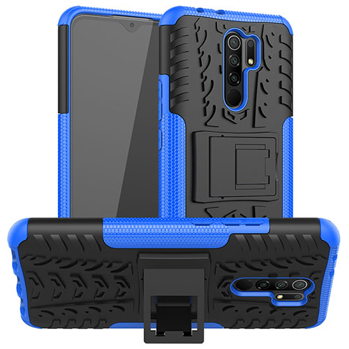 Silicone Matte Finish and Plastic Back Cover Case with Stand JX1 for Xiaomi Poco M2 Blue