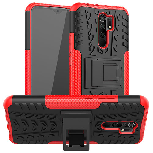 Silicone Matte Finish and Plastic Back Cover Case with Stand JX1 for Xiaomi Poco M2 Red