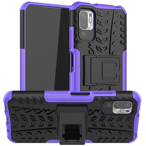 Silicone Matte Finish and Plastic Back Cover Case with Stand JX1 for Xiaomi POCO M3 Pro 5G Purple