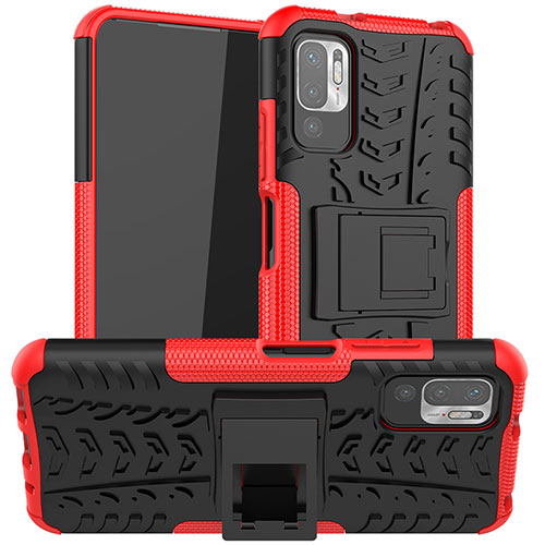 Silicone Matte Finish and Plastic Back Cover Case with Stand JX1 for Xiaomi POCO M3 Pro 5G Red