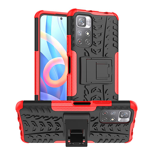 Silicone Matte Finish and Plastic Back Cover Case with Stand JX1 for Xiaomi Poco M4 Pro 5G Red