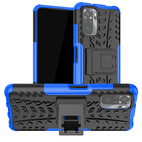 Silicone Matte Finish and Plastic Back Cover Case with Stand JX1 for Xiaomi Poco M5S Blue