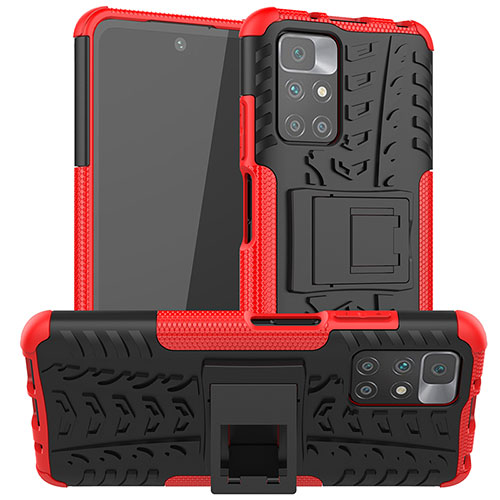 Silicone Matte Finish and Plastic Back Cover Case with Stand JX1 for Xiaomi Redmi 10 (2022) Red