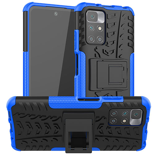 Silicone Matte Finish and Plastic Back Cover Case with Stand JX1 for Xiaomi Redmi 10 4G Blue