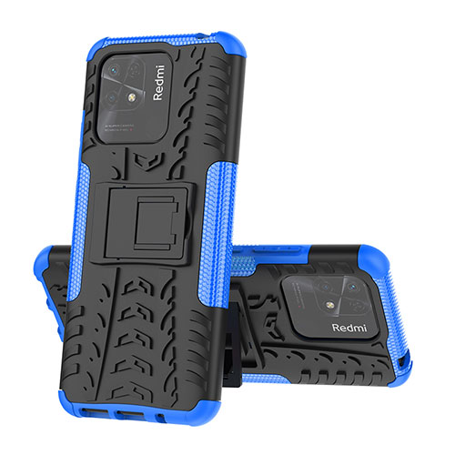 Silicone Matte Finish and Plastic Back Cover Case with Stand JX1 for Xiaomi Redmi 10 India Blue