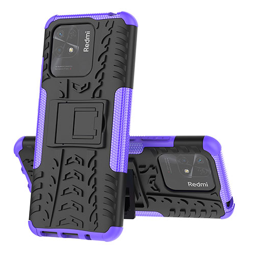 Silicone Matte Finish and Plastic Back Cover Case with Stand JX1 for Xiaomi Redmi 10 India Purple