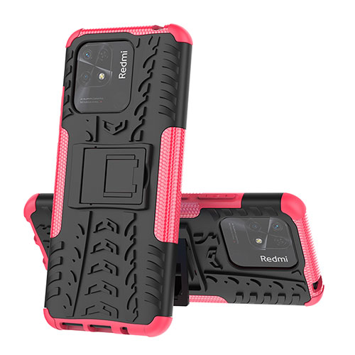 Silicone Matte Finish and Plastic Back Cover Case with Stand JX1 for Xiaomi Redmi 10 Power Hot Pink