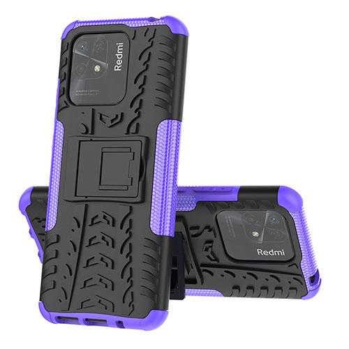 Silicone Matte Finish and Plastic Back Cover Case with Stand JX1 for Xiaomi Redmi 10 Power Purple