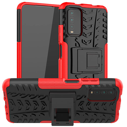 Silicone Matte Finish and Plastic Back Cover Case with Stand JX1 for Xiaomi Redmi 9 Power Red