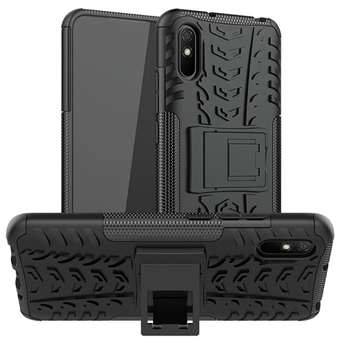 Silicone Matte Finish and Plastic Back Cover Case with Stand JX1 for Xiaomi Redmi 9A Black