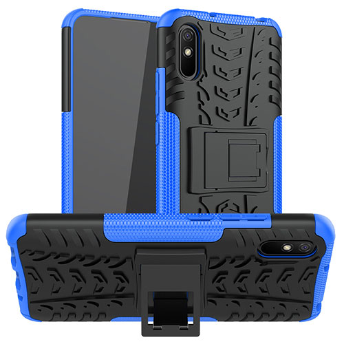 Silicone Matte Finish and Plastic Back Cover Case with Stand JX1 for Xiaomi Redmi 9A Blue