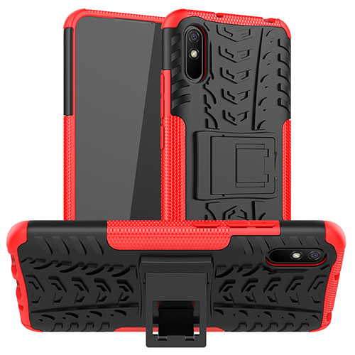 Silicone Matte Finish and Plastic Back Cover Case with Stand JX1 for Xiaomi Redmi 9i Red