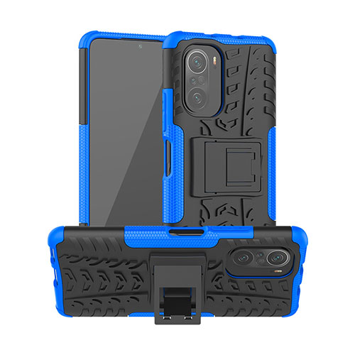 Silicone Matte Finish and Plastic Back Cover Case with Stand JX1 for Xiaomi Redmi K40 Pro+ Plus 5G Blue