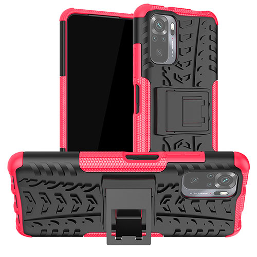 Silicone Matte Finish and Plastic Back Cover Case with Stand JX1 for Xiaomi Redmi Note 10 4G Hot Pink