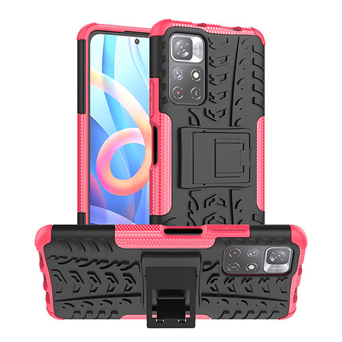 Silicone Matte Finish and Plastic Back Cover Case with Stand JX1 for Xiaomi Redmi Note 11 5G Hot Pink