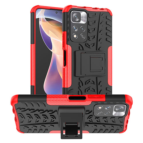 Silicone Matte Finish and Plastic Back Cover Case with Stand JX1 for Xiaomi Redmi Note 11 Pro+ Plus 5G Red