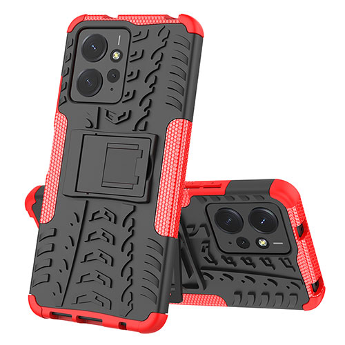 Silicone Matte Finish and Plastic Back Cover Case with Stand JX1 for Xiaomi Redmi Note 12 4G Red