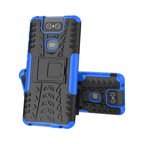 Silicone Matte Finish and Plastic Back Cover Case with Stand JX2 for Asus Zenfone 6 ZS630KL Blue